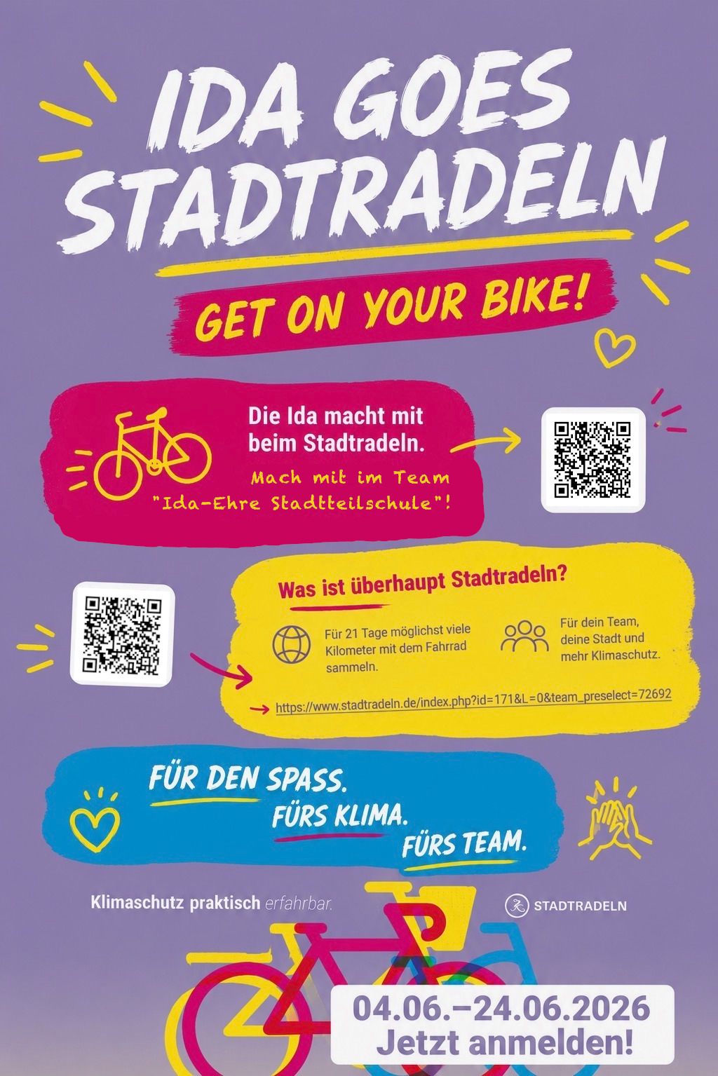 Werbeplakat für das Stadtradeln-Event mit QR-Codes zur Anmeldung  im Bild, die zu dieser URL führen:

https://www.stadtradeln.de/index.php?id=171&L=0&team_preselect=72692